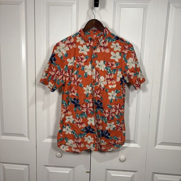Old Navy Floral Shirt Men S Slim Fit Flex Vintage Orange Hawaiian Aloha Boho Y2K - Picture 1 of 6
